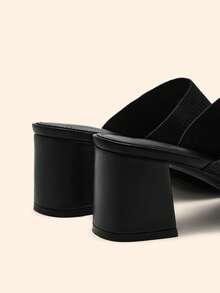 CUCCOO BASICS Women's Square Toe Thick Heel New Black Knitted High Heel Sandals, Minimalist Breathable Slip-On Mule Sandals For Commuting Valentine's Day - Black - View 4