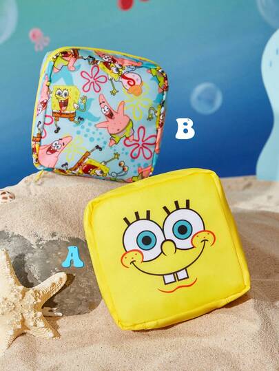 SpongeBob SquarePants | SHEIN 1 pieza/1 set Bolsa de almacenamiento de fibra de poliéster con estampado de diseño de dibujos animados, se puede usar como bolsa de almacenamiento de artículos de higiene femenina, bolsa de almacenamiento digital, bolsa de almacenamiento de artículos pequeños