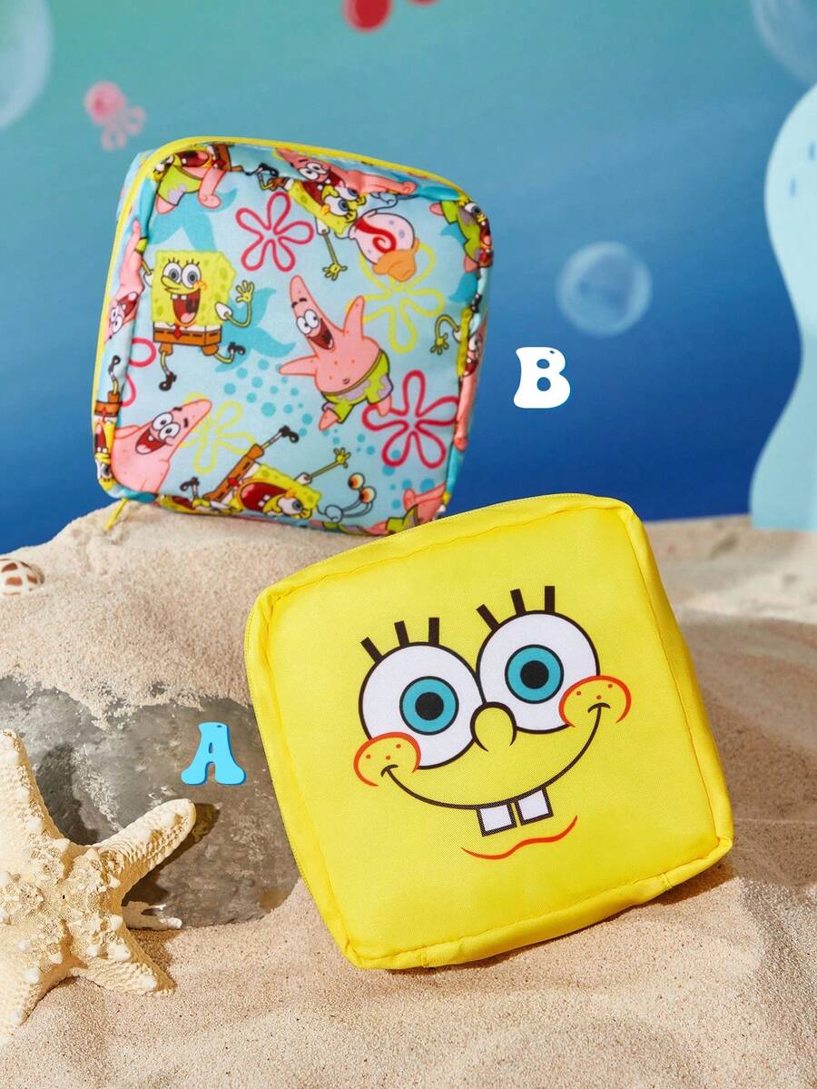 SpongeBob SquarePants | SHEIN 1pc/1set Cartoon Pattern Printed Polyester Fiber Storage Bag, Can Be Used As A Feminine Hygiene Storage Bag, Digital Storage Bag, Small Item Storage Bag,, - Multicolor - View 1