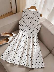 GlowEve CURVE Vintage Cream White & Black Polka Dot Sleeveless Deep V-Neck Metal Button Flared Hem Plus Size Dress - Apricot - View 2