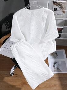 Mirajuku 两件套青少年男童纯色简约时尚提花针织圆领短袖T恤，搭配针织短裤，面料舒适，颜色百搭，适合春、夏、秋季上学、日常穿着。 - 白色 - 查看 2