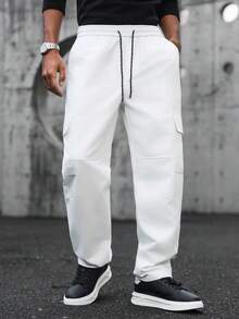 SLATEMANN 男士纯色抽绳腰带工装口袋休闲裤 - 白色 - 查看 5