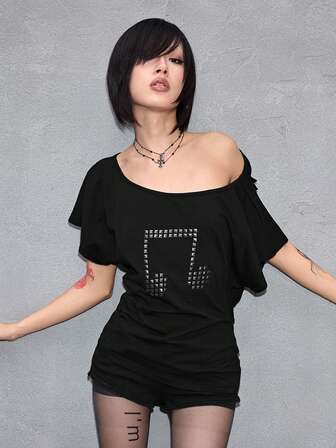 Grunge Punk Y2K Punk Kreuz Niet Design Laser Cut Loose T-Shirt, einfarbig vielseitig