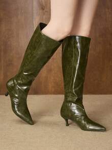 MOTF PREMIUM WOMEN CROCODILE EMBOSSED POINT TOE KNEE-HIGH BOOTS VALENTINE'S DAY - Olive Green - View 7