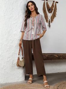 EMERY ROSE 女士条纹印花衬衫和七分裤套装 - 彩色 - 查看 5