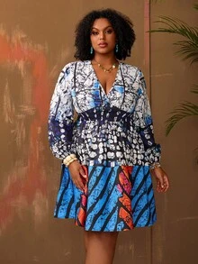 EMERY ROSE Plus Size Women Shirred Long Sleeve Waist Tie Floral Print Casual Dress,Flower/Summer/Spring/Vacation  Floral Dress Vacation Outfits Women Holiday Outfits For Women Beach Vacation Outfits For Women Plus Size Boho Dress - Multicolor - View 5