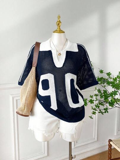 SHEIN EZwear ملابس علوية نسائية كبيرة الحجم بأكمام قصيرة مصنوعة من الحياكة المفرغة بنمط أرقام فضفاضة