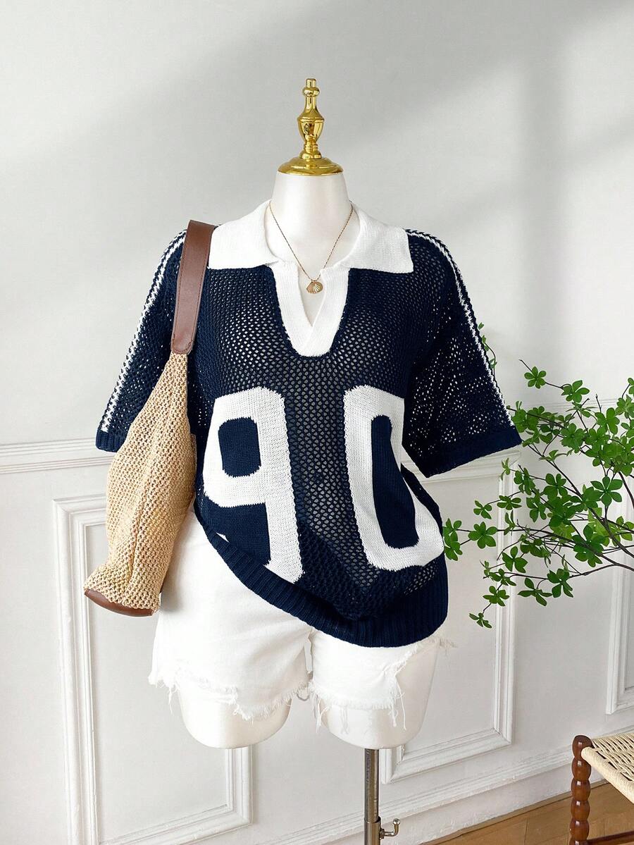 SHEIN EZwear Plus Size Casual Solid Color Hollow Out Knit Sweater, White Openwork Knit Short Sleeve Top,Holiday Outfits,Summer,Going Out Tops, Vintage Tops Women, Preppy Tops,Beach,Vacation,European Summer,Streetwear - Multicolor - View 1