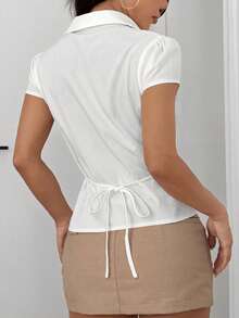 SHEIN EZwear Áo sơ mi tay phồng màu trắng dệt kim đa năng, kiểu dáng thường ngày, in logo hình ngựa nhỏ, mẫu mới năm 2026, phù hợp cho mùa xuân/hè. - trắng - Xem 2