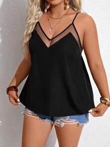 Breezaya 女士加大码无袖网纱拼接简约优雅V领吊带背心，采用休闲网纱面料，纯色设计，休闲优雅，适合海滩度假，夏季休闲上衣 - 黑色 - 查看 3