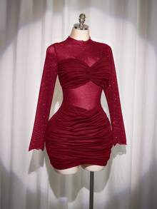 SHEIN ICON 大码女士性感夜店风黑色迷你连衣裙 - 酒紅色 - 查看 7