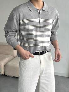 DAZY Men's Striped Gray Polo Neck Sweater, Spring/Autumn - Multicolor - View 5