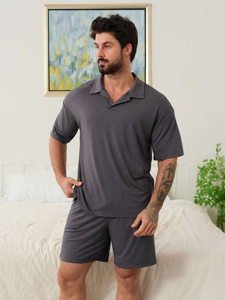 Solid Navy Blue T-Shirt Paired With Men's Loungewear Set, Summer