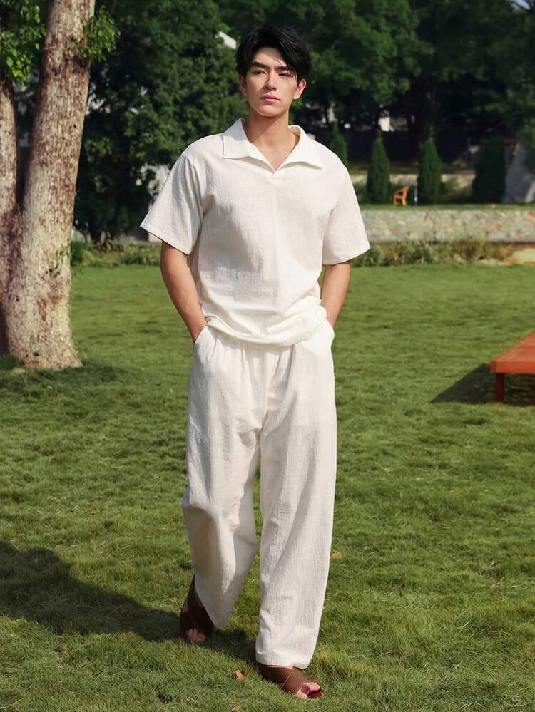 Men's Solid White Pleated Fabric Polo Shirt Set, Spring/Summer