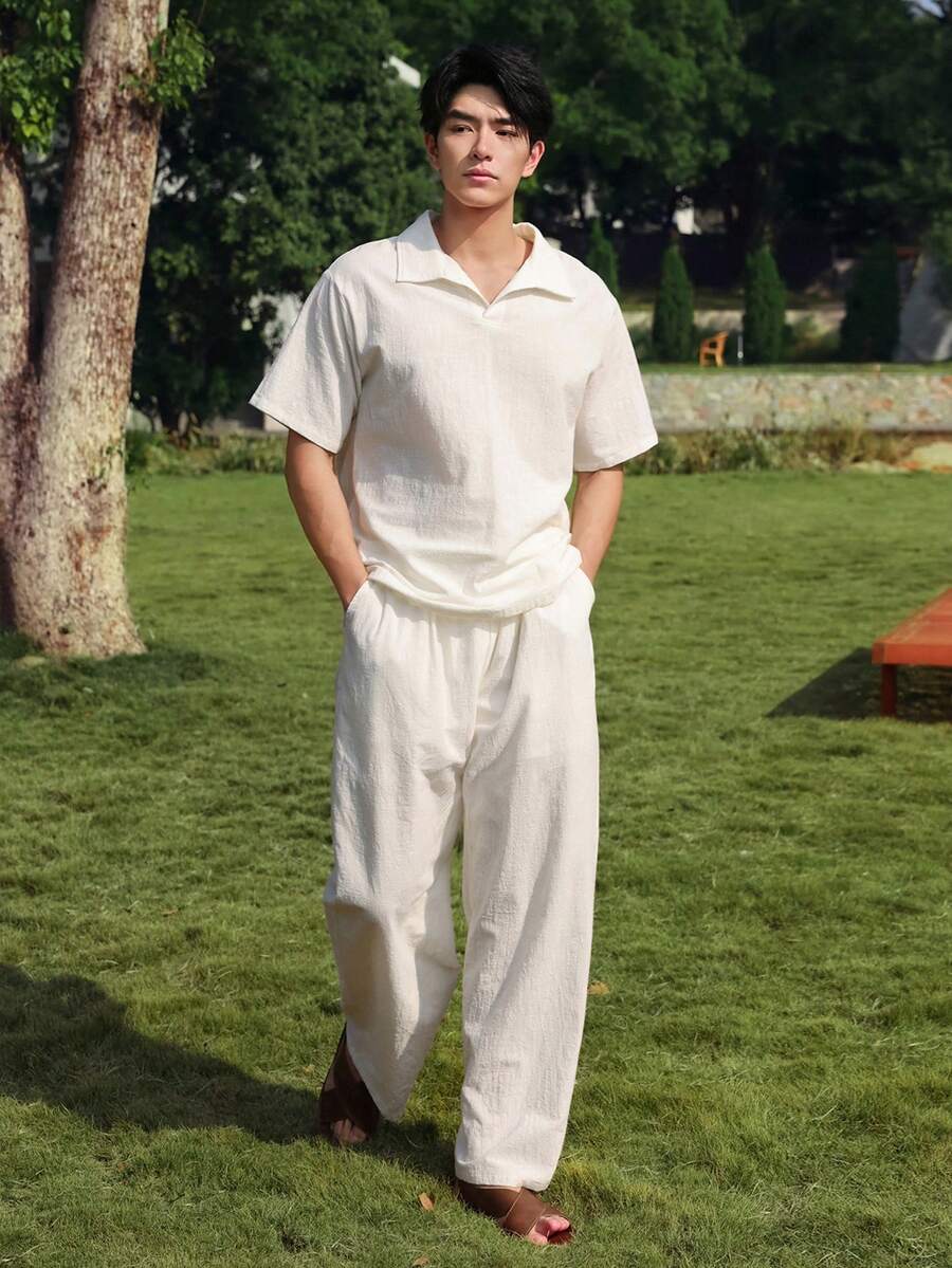 DAZY Men's Solid White Pleated Fabric Polo Shirt Set, Spring/Summer - White - View 1