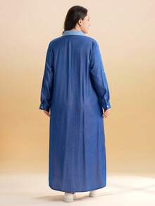 Momelise Plus Size Women Contrast Color Side Slit Long Sleeve Shirt Dress - Blue - View 2
