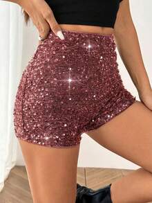 SHEIN EZwear Quần short cạp cao ôm sát bằng vải đính sequin lấp lánh dành cho nữ cỡ lớn, thích hợp cho các bữa tiệc, lễ hội âm nhạc, buổi hòa nhạc, có lớp lót, thích hợp cho mùa thu/đông. - Bụi hồng - Xem 4