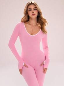 Sovereign Charm Women's Seamless Jumpsuit, Casual & Fashionable, Sexy & Elegant, V-Neck, Slim Fit, Elastic Knit Ribbed Yoga & Workout Long Sleeve Flare Leg Jumpsuit - Pink - View 1