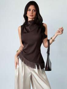 Firerie Women's Elegant Casual Everyday/Commute/Vacation Bohemian Sleeveless Top, Brown Satin Pleated Collar Sleeveless Asymmetrical Fringe Hem Fitted Women's Tank Top, Elegant, Chic, Vacation, Versatile, Teacher, Women's Tank Top - Brown - View 6