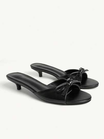 CUCCOO CHICEST Women Shoes Black PU Bow Spring And Summer Fashion Elegant Kitten With Round Toe Slippers