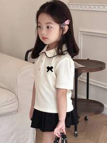 DAZY 女童蝴蝶结领纽扣半开襟T恤