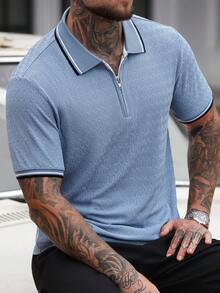 Manfinity CasualCool 男士短袖拉链纹理面料 Polo 衫，适合外出、办公穿着，图案 Polo 衫，浅蓝色男士服装，男士 Polo 衫，拉链 Polo 衫，男士高尔夫 Polo 衫，复古风格，日常休闲，周末旅行，户外活动，探险旅行，轻松的工作环境或半正式场合，男友/丈夫礼物，周年纪念/生日礼物，派对，暑假，新年，婚礼，情人节，蓝色男士上衣，学院风图案 Polo 衫，男士高尔夫球衫 - 藍色 - 查看 5