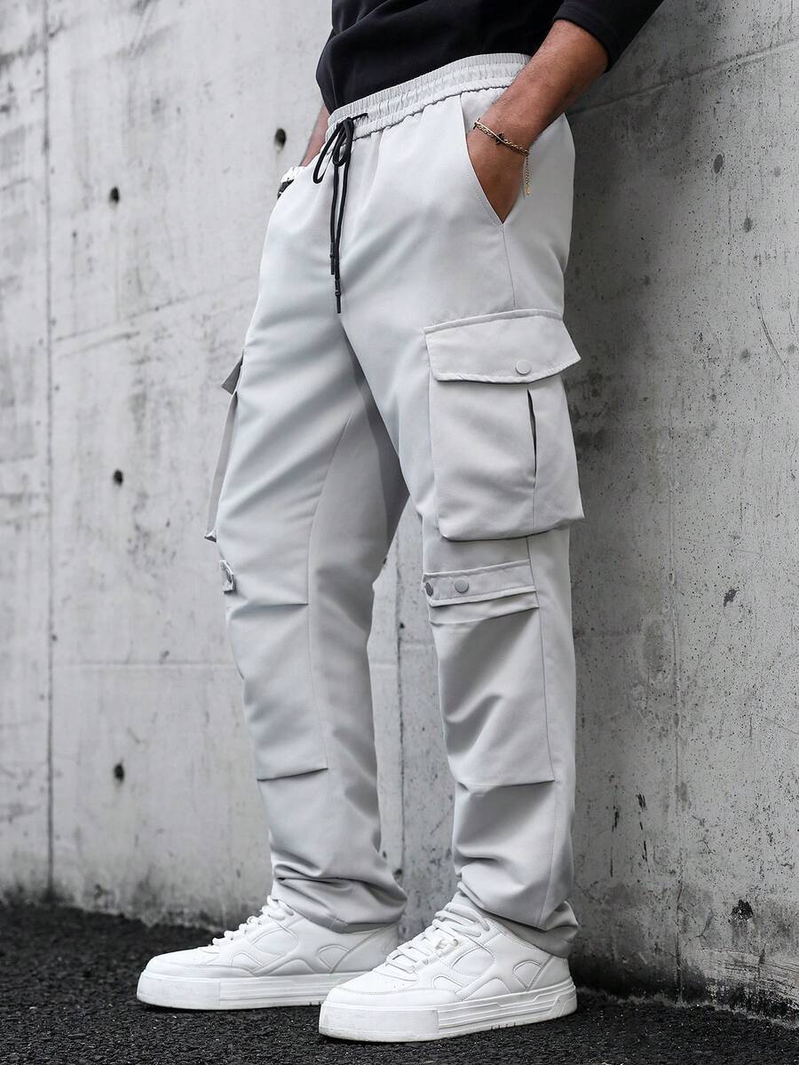 SLATEMANN Men's Casual Solid Color Flap Pocket Drawstring Waist Pants - Light Grey - View 1