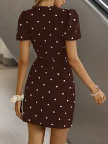 Siren Gaze Women's Bow Decor Polka Dot Print Short Sleeve Mini Dress - Brown - View 2
