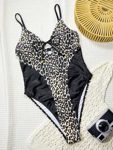 Swim SXY-D Leopard Print & Solid Color Splicing Spaghetti Strap Front Tie Cutout Sexy Casual Women Beach Swimsuit One-Piece Bikini - Multicolor - View 4