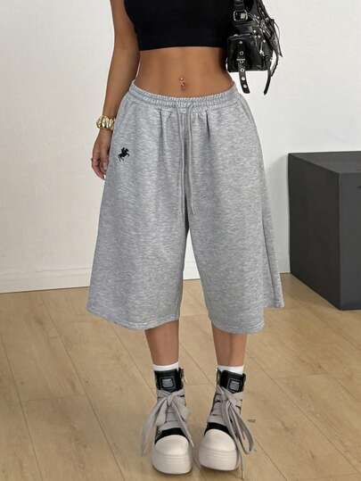 Muchica Women's Summer New Embroidered Horse Decor Casual Loose Bermuda Shorts