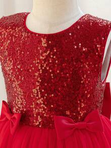 Glamorique Kids 女童绿色亮片薄纱缎面连衣裙，饰有蝴蝶结，圣诞节和万圣节服装，儿童无袖连衣裙，适合生日派对、舞台表演和高端礼服 - 紅色 - 查看 5