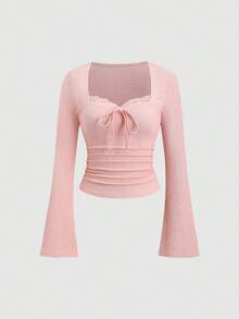 Sweetra 女士万圣节、感恩节、新年服装，适合派对、通勤、日常、旅行、度假等场合。红色紧身上衣，酒红色纹理蕾丝饰边蝴蝶结设计喇叭袖弹力T恤，春/秋/冬款。 - 粉色 - 查看 5