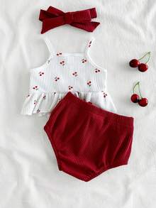 SHEIN Vintaside Kids Baby Girls' Summer New Cotton Rib Knit Heart Print Top & Shorts Set - Red - View 2