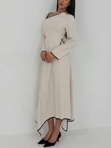 Aloruh 女士简约时尚通勤日常百搭撞色滚边系带不对称下摆衬衫+A字迷你裙两件套，秋冬款 - 卡其色 - 查看 5