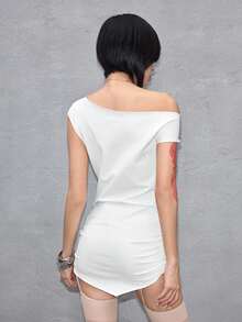 ROMWE Y2K 前卫吸睛的系带半透明性感不对称肩部女士迷你连衣裙 - 白色 - 查看 5