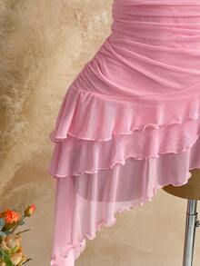 Soleia 春夏度假针织网纱无肩带露肩修身多层荷叶边不对称下摆连衣裙，适合花园派对、下午茶、插花、约会、波西米亚风、度假、秋季女装、复古、假日等场合。 - 粉色 - 查看 6