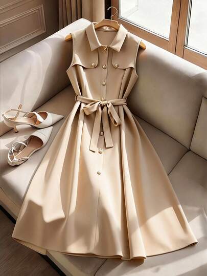 GlowEve CURVE 大码女士优雅翻领无袖风衣连衣裙，杏色，春夏款