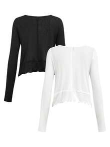 Activina Bộ đồ thể thao nữ màu trơn cổ tròn tay dài viền bèo 2 mảnh, áo thun thể thao Pilates dễ thương, áo tập thể dục tay dài, áo dài tay nữ, trang phục mùa hè nữ, đồ tập luyện thể thao nữ, bộ đồ tập thể dục cho nữ. - Đen và trắng - Xem 5