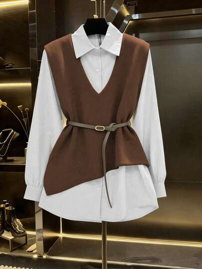 Franclia 2025 Autumn Fresh Debut: Ladies' 2 In 1 Jacket-Shirt Ensemble, Boasting Artful Asymmetrical Tailoring, Exquisite Button Accents & An Adjustable Waist Sash, Streamlined Silhouette That Enhances A Slimmer Look, Versatile For Office Commutes, Leisurely Weekends & Casual Outings