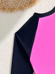 SHEIN Tween Girls Bikini Sets Black And Pink Spliced Top With Letter Print Pants, Leaf Shadow Print Three Piece Set, Casual Sun Protection Vacation Style, Long Sleeved Top With Letter Print On The Sleeves, Suitable For Summer Vacation, Beach Swimming, Beach Parties, Swimming Pool Parties, Creek Carnival, Holiday, Hot Spring Vacation - Black - View 4