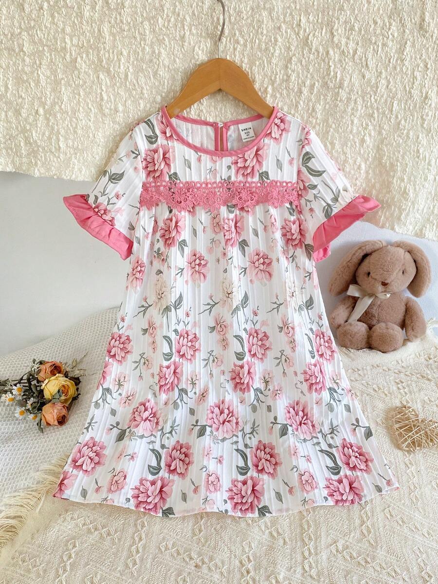 Young Girls Pink Floral Nightgown,Short Sleeve Round Neck Smocked Yoke Sleep Dress,White Fairy Party Kids Pajamas,Lightweight Vintage Elegant Lounging - Pink - View 1