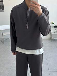 DAZY Men's Solid Gray Half-Zip Pullover Sweatshirt Set, Autumn - Grey - View 6
