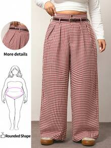 Enliva 大码复古红格子高腰阔腿裤，优雅的办公室/通勤装 - 酒紅色 - 查看 1