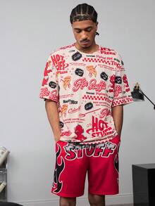 SHEIN HOT STUFF Men's Comfortable All-Over Print Short Sleeve T-Shirt And Shorts Loungewear Set, Summer - Red and White - View 7
