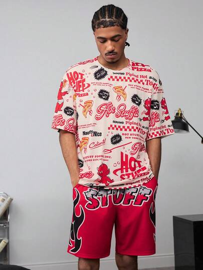HOT STUFF X SHEIN Set de lenjerie de casă pentru bărbați, confortabil, cu imprimeu integral, mânecă scurtă și pantaloni scurți, vară