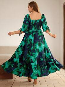 Roveilla 大码女式新款优雅蓝绿色碎花方领泡泡袖收腰A字中长连衣裙 - 綠色 - 查看 2