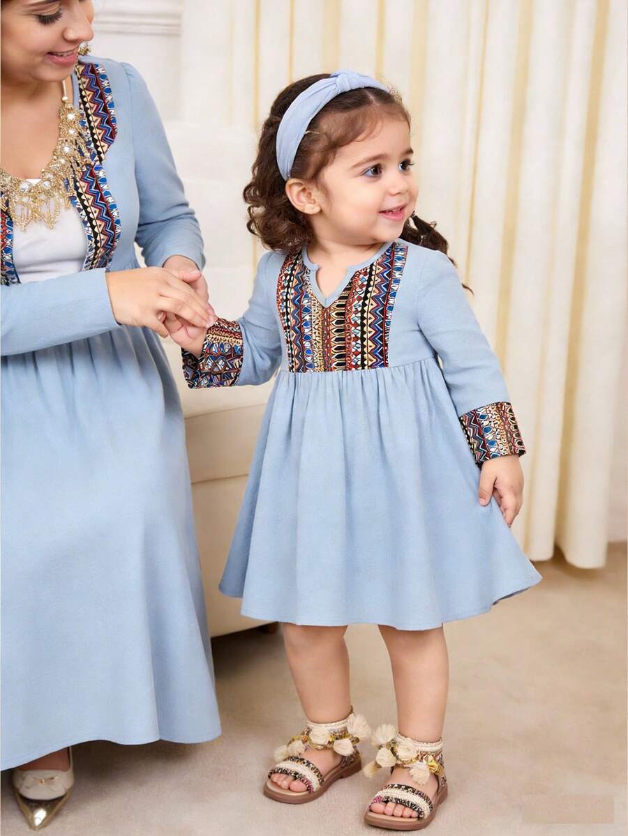 Baby Girls Cute Striped Tassel Long Sleeve Dress, Blue, Spring/Summer - Blue - View 1