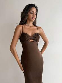 Aloruh Women's Elegant Lace Cup Detail Satin Waist Fitted Brown Dress, Suitable For Valentine's Day, Date, Birthday,Women Dating Dress,Women Night Out Dress,Summer Dresses For Women, Honeymoon Outfits Woman .Women Wedding Guest Dress. Island Vacation Outfits,Wedding Guest Dress Women ,Sun Dresses For Women ,Elegant Dresses For Party, Birthday Dresses For Women,Valentines Day Dress,Weddings & Events,Wedding Party Dress - Brown - View 5