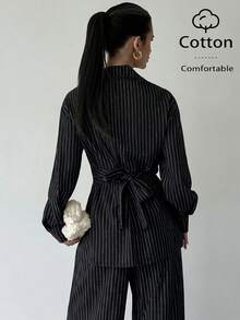 Firerie 女士休闲条纹印花收腰长袖上衣搭配阔腿裤套装，适合工作和日常穿着，春秋季 - 黑色 - 查看 5