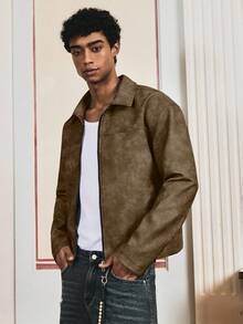 SWAVVY Men's Vintage PU Leather Drop Shoulder Loose Zip-Up Short Jacket Men's Mocha Bomber Jacket Cropped Men Jacket Earthy Clothes Men - Brown - View 5